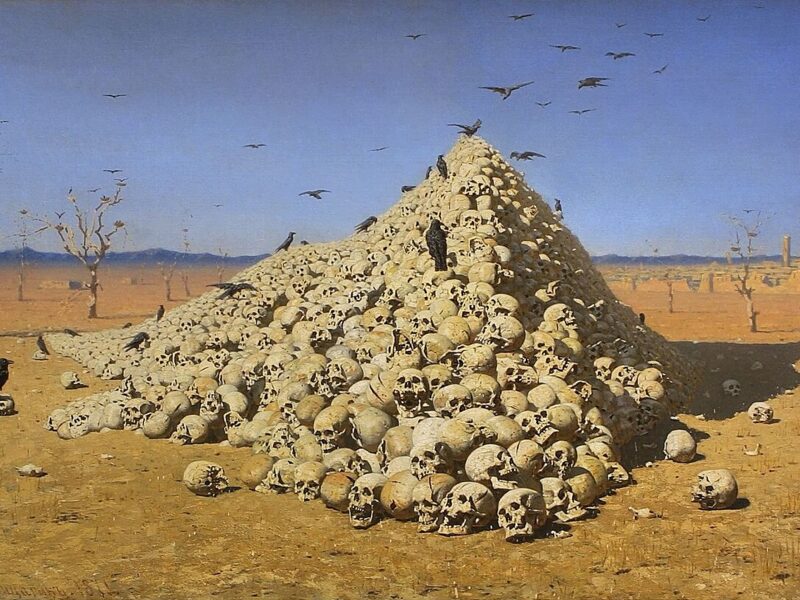 Vasily Vereshchagin, The Apotheosis of War, 1871 — a pyramid of human skulls in a desert under a cobalt sky, crows circling. The monument to everything shipped without judgment.
